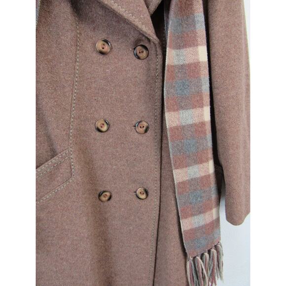 Vintage Union Made Wool Pea Coat Brown Knee Length Plaid Scarf 80's VTG - Picture 4 of 12